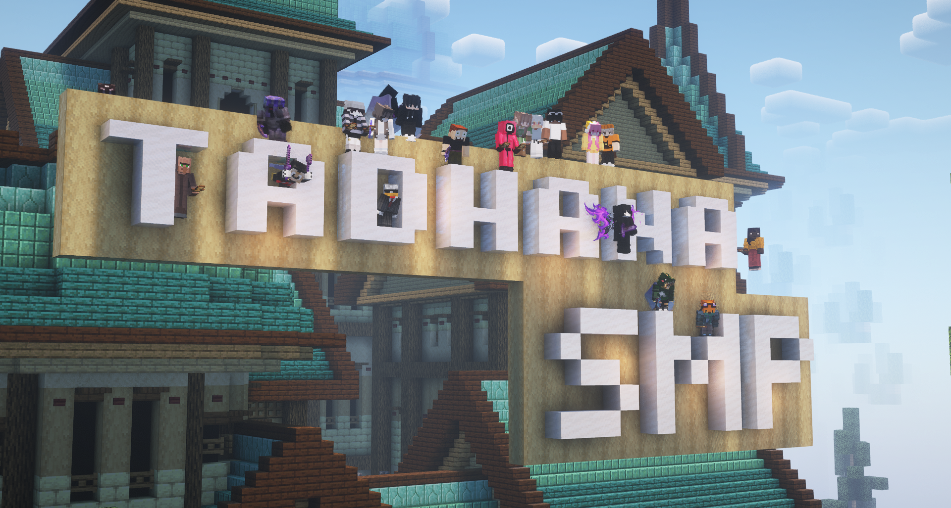 A cinematic view of the TadhanaSMP Minecraft world glowing under a purple sky